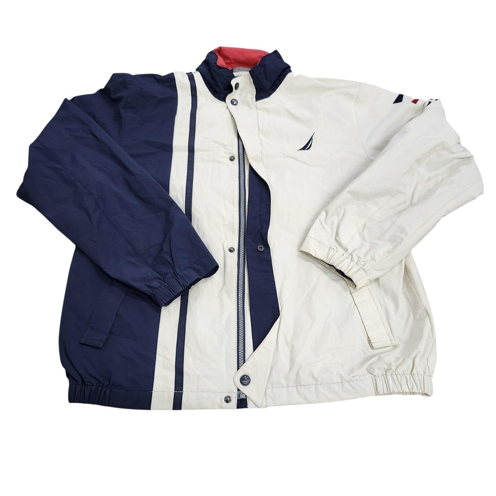 Nautica Jacket Mens Medium Blue White Windbreaker Full Zip Elastic Waist Logo